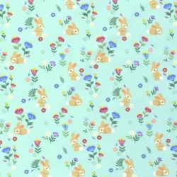 Tecido Jersey algodão Coelhos e flores fundo turquesa claro | Tissus Loup