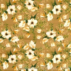 Tecido de Algodão com Flores Brancas Philadelphus Fundo Mostarda | Tissus Loup