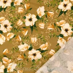 Tecido de Algodão com Flores Brancas Philadelphus Fundo Mostarda | Tissus Loup