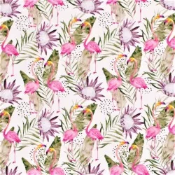 Tecido Jersey Flamingo Rosa e Flor de Protea Tropical | Tecidos Lobo