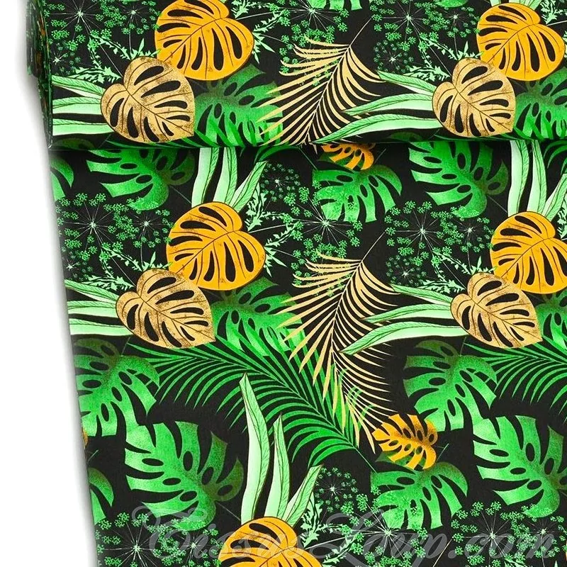 Tecido de Algodão Folhas de Monstera e Palmeira Fundo Preto | Tecidos Lobo