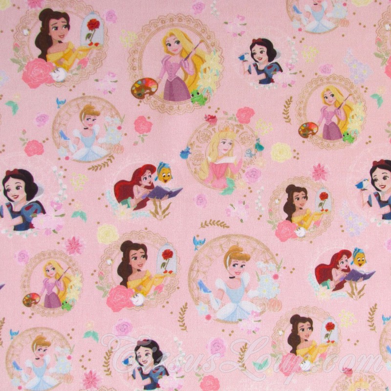 Tecido de Algodão Princesas Disney Fundo Rosa Pó | Tecidos Lobo