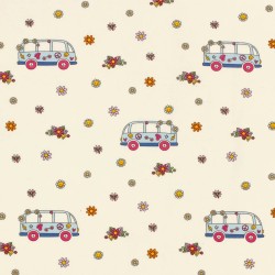 Tecido Jersey algodão VW Bus Peace and Love e Flores | Tecidos Lobo