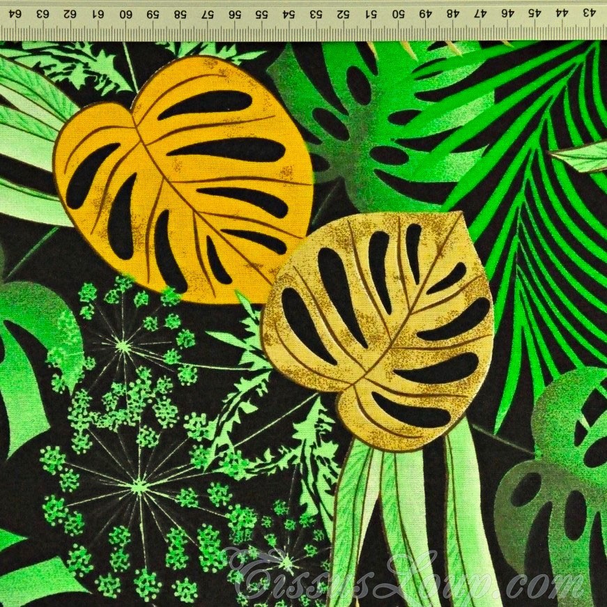 Tecido Folhas de Monstera e Palmeira Fundo Preto — 2