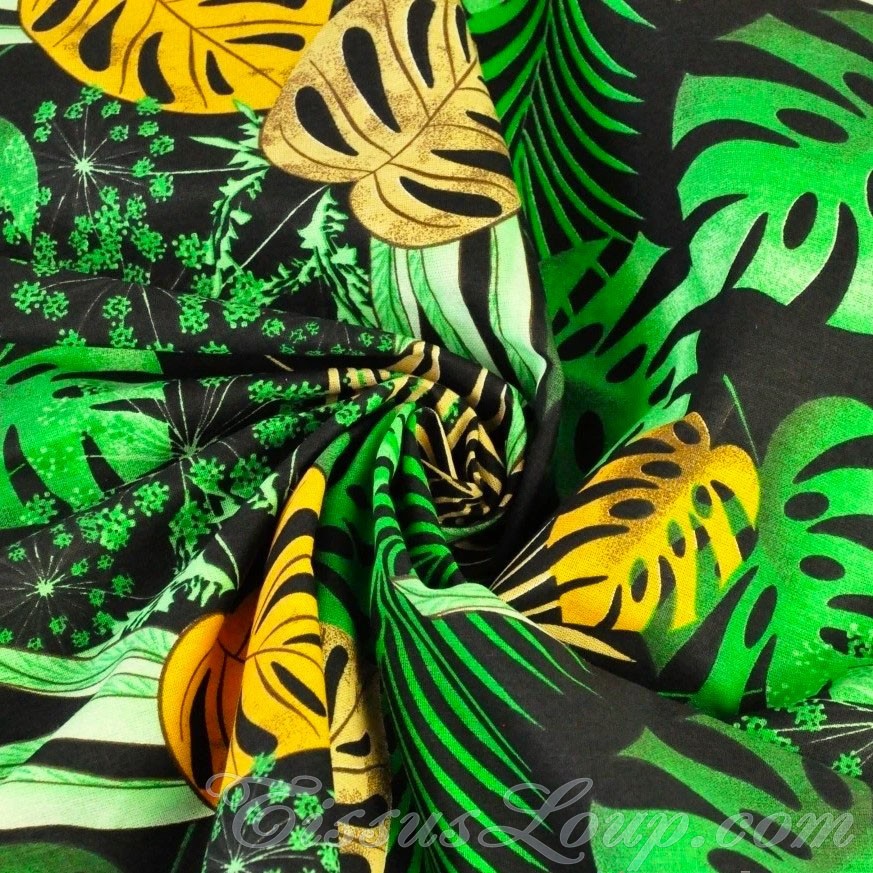 Tecido Folhas de Monstera e Palmeira Fundo Preto — 3
